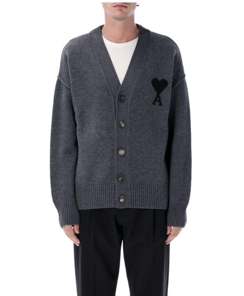 AMI 아미 빅 하트 로고 펠트 메리노 울 가디건